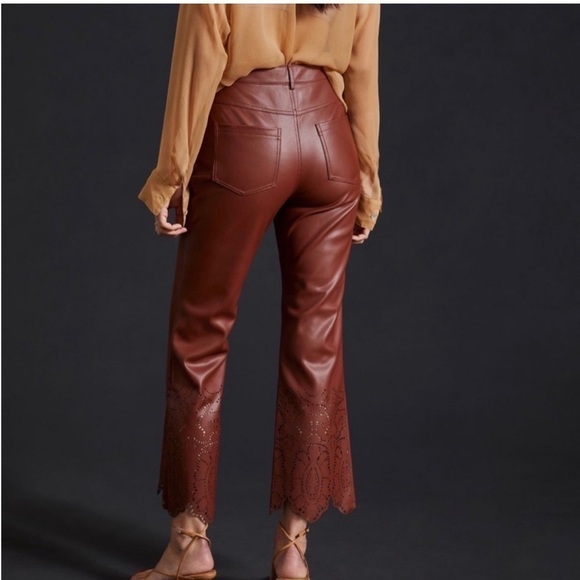 NWOT Anthropologie Laser-Cut Faux Leather Trousers Brown Size 14 Fall Autumn - Picture 16 of 17